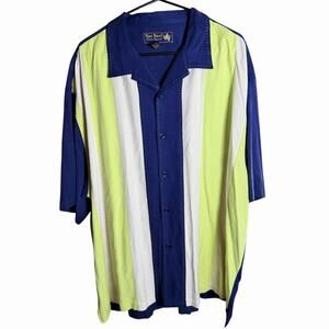 Nat Nast 100% Silk Mens Color block Bowling Short 2XL XXL Blue Green S/S Stripes